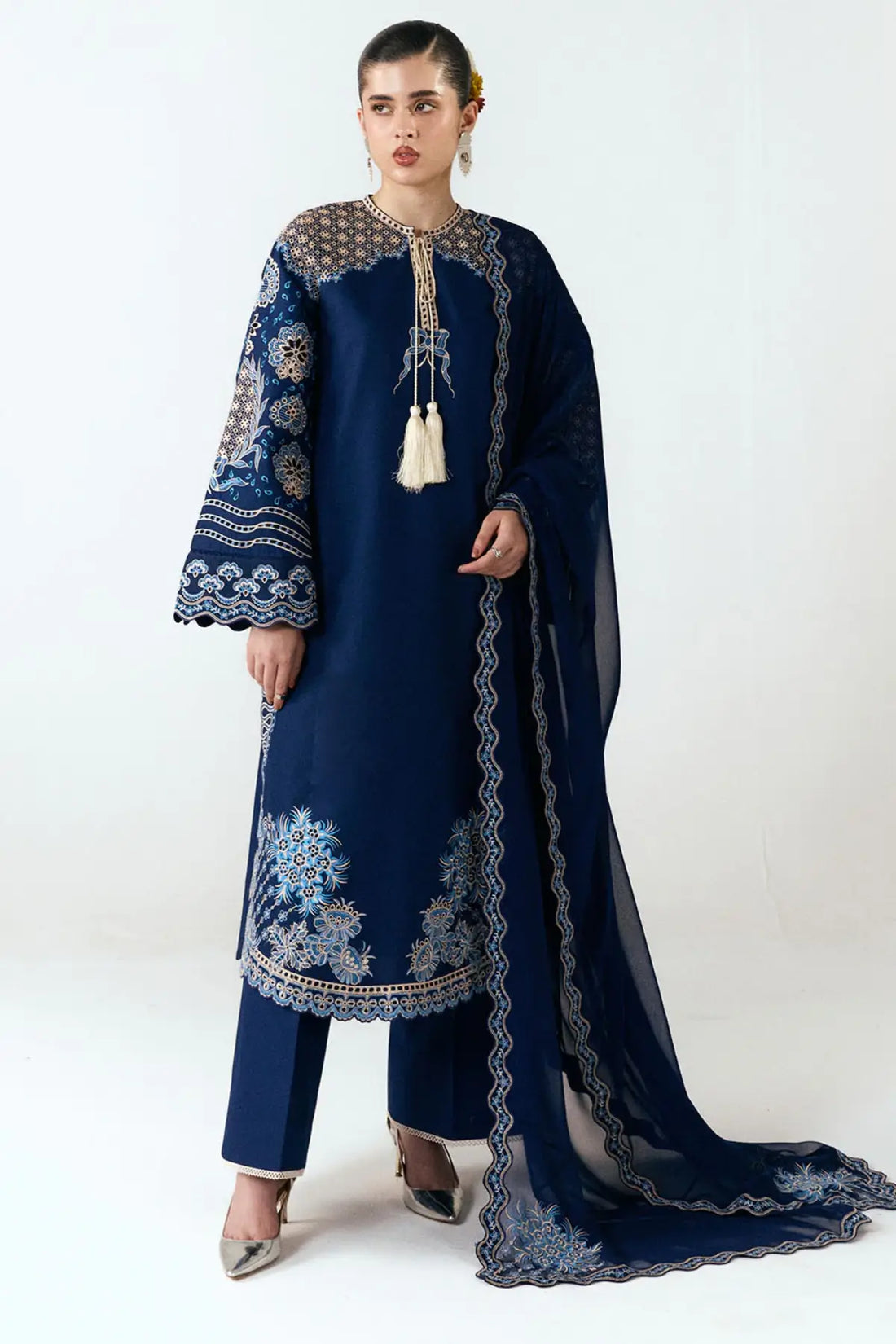 Tiva by Jugnu Lahore dark blue stitched cotton suit with monochrome embroidery