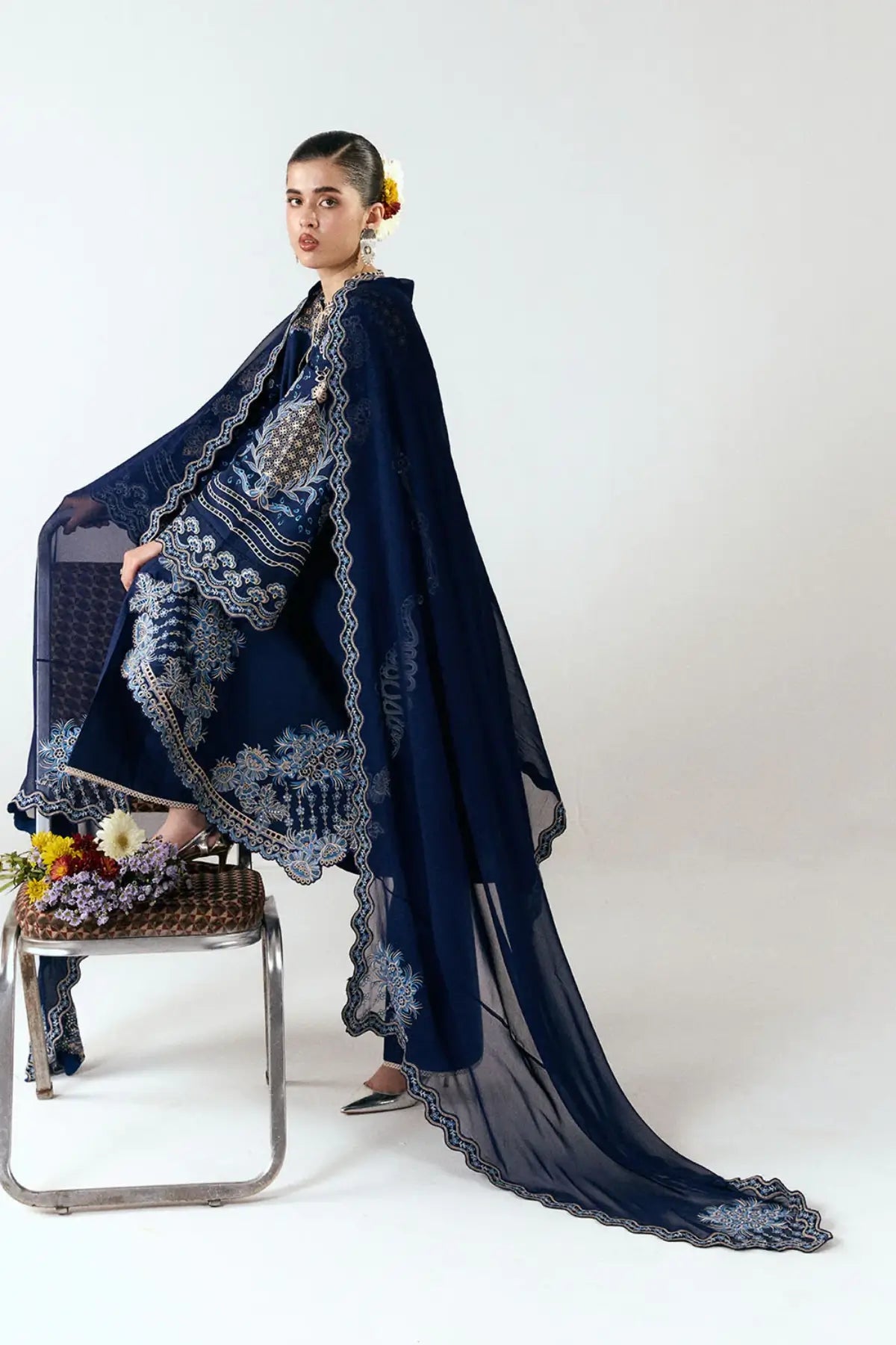 Tiva by Jugnu Lahore dark blue stitched cotton suit with monochrome embroidery