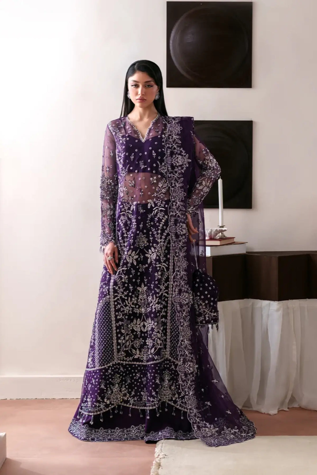 Tourmaline Emaan Adeel purple embroidered organza stitched festive 3PC suit with dupatta and raw silk trouser