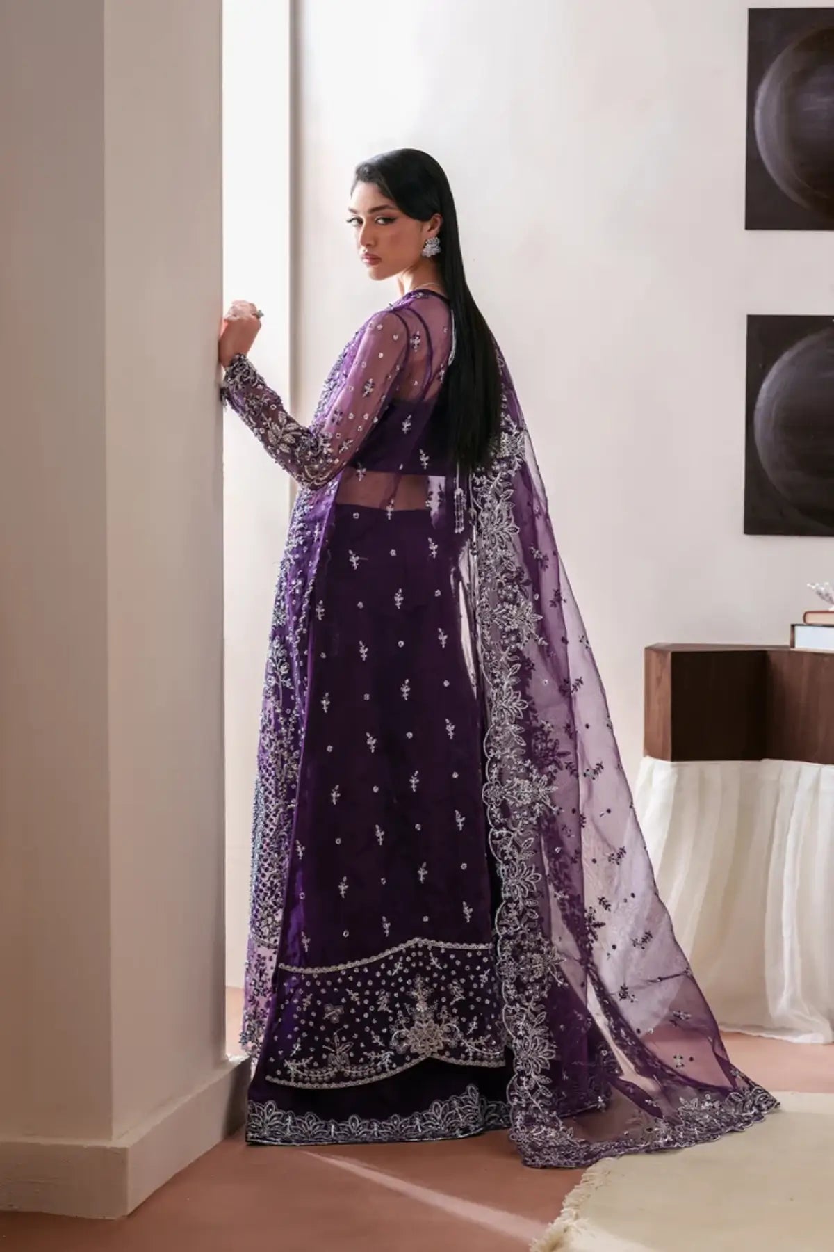 Tourmaline Emaan Adeel purple embroidered organza stitched festive 3PC suit with dupatta and raw silk trouser