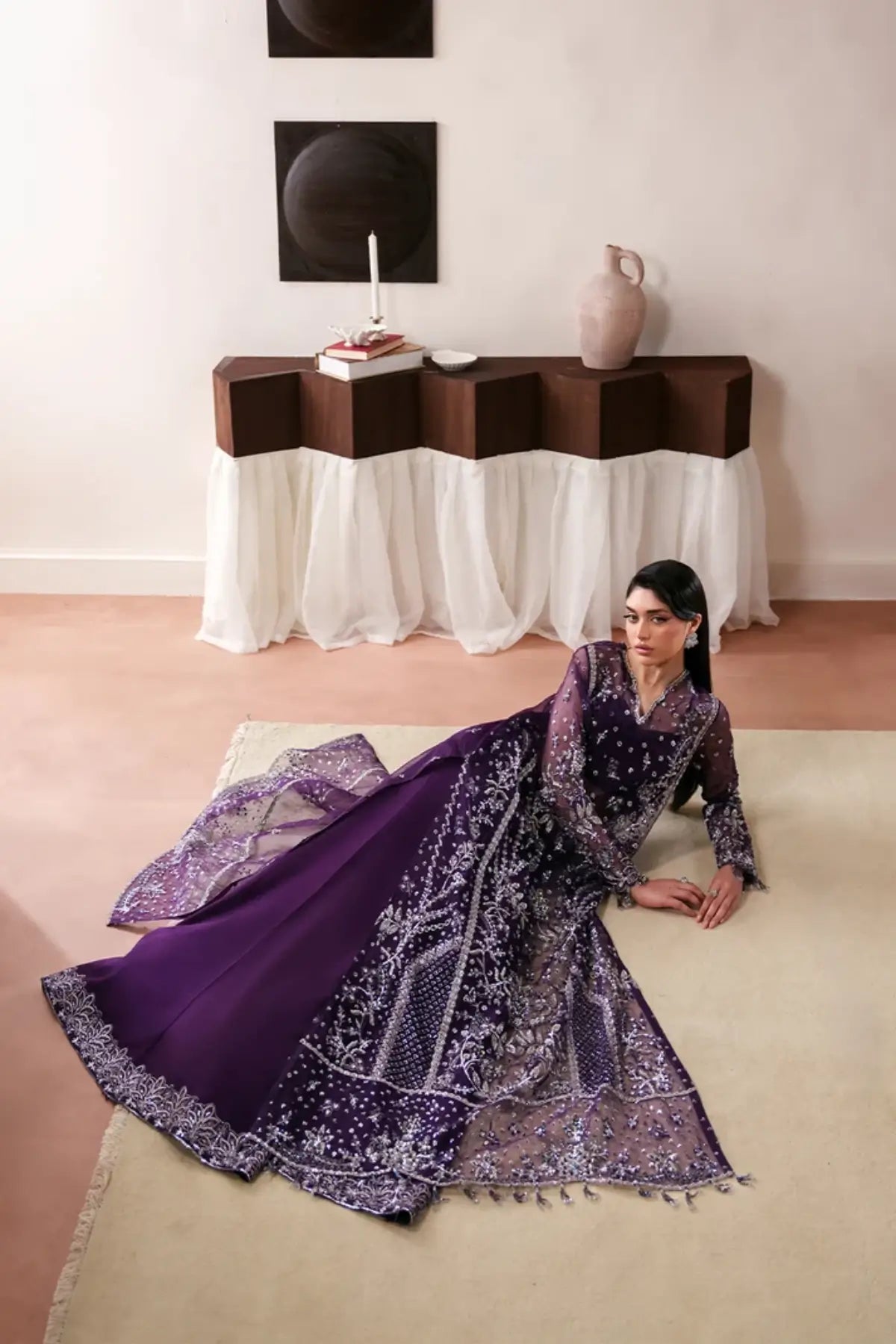 Tourmaline Emaan Adeel purple embroidered organza stitched festive 3PC suit with dupatta and raw silk trouser