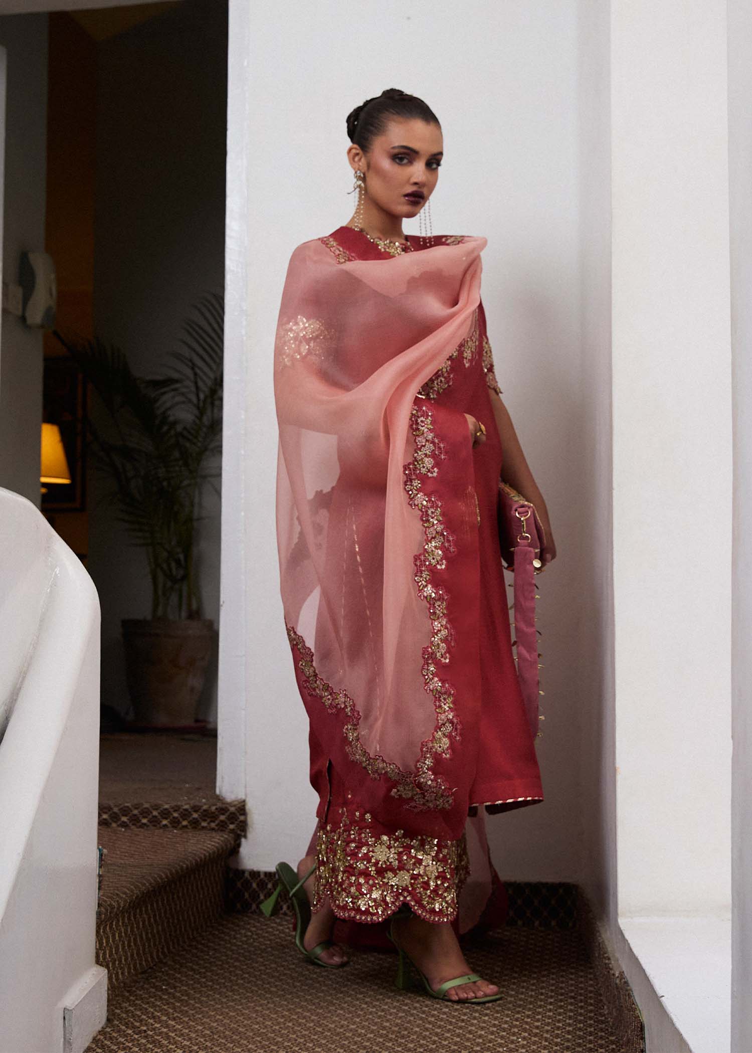 Tram- Luxe Salmon Pink Long Shirt Outfit For Evening Events By- Hussain Rehar