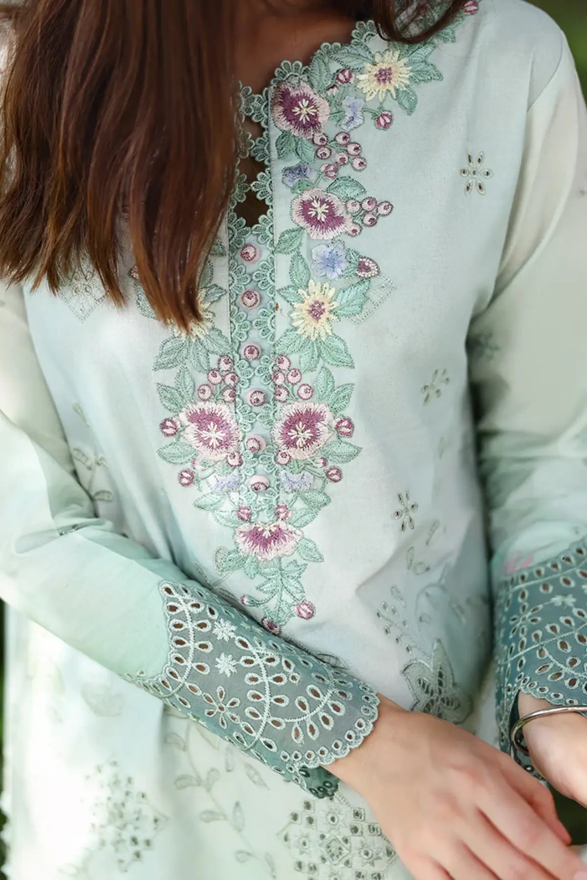 Tranquil Muse Mushq jade green chikankari lawn 3pc stitched suit with silk dupatta