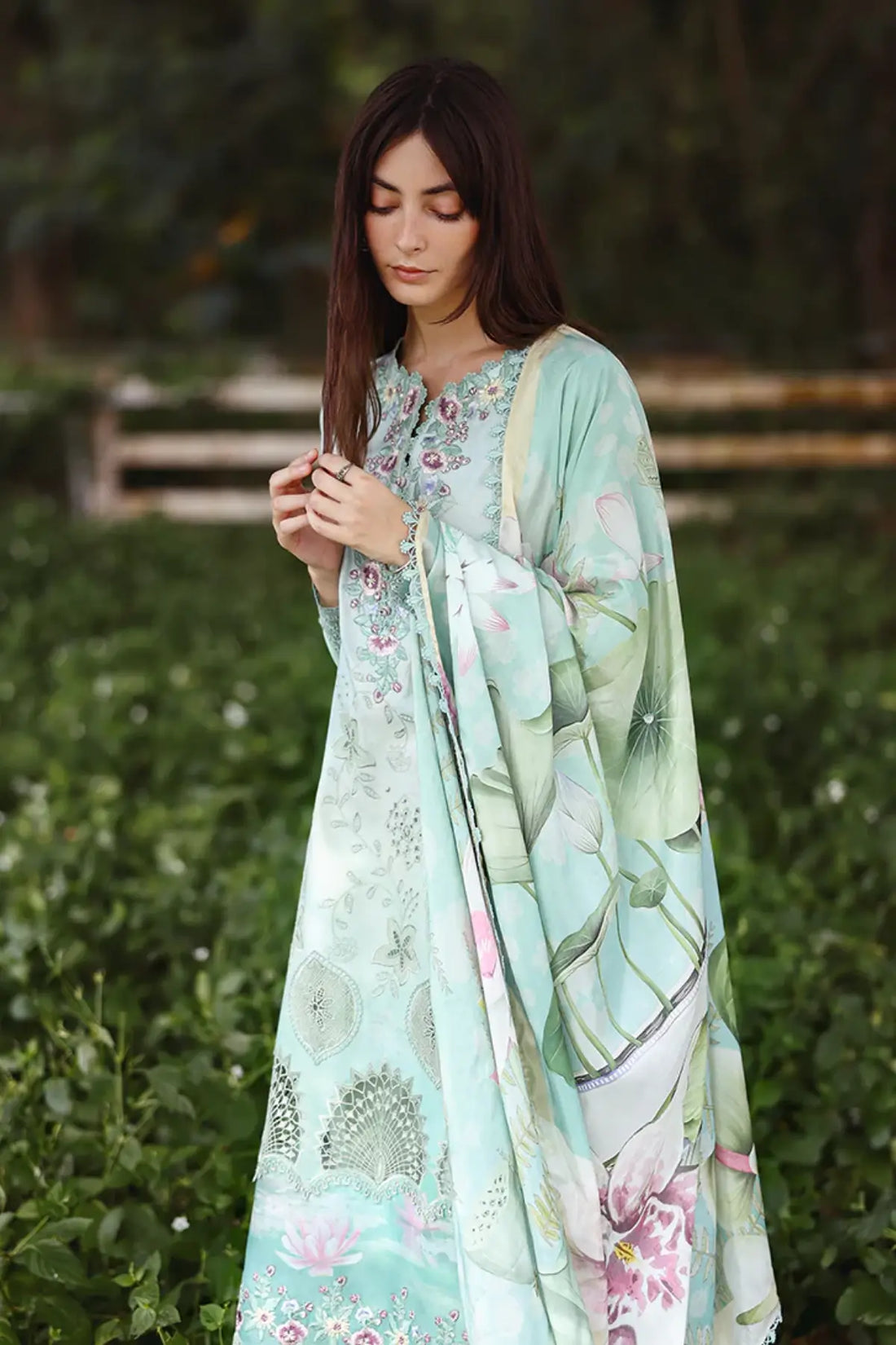 Tranquil Muse Mushq jade green chikankari lawn 3pc stitched suit with silk dupatta