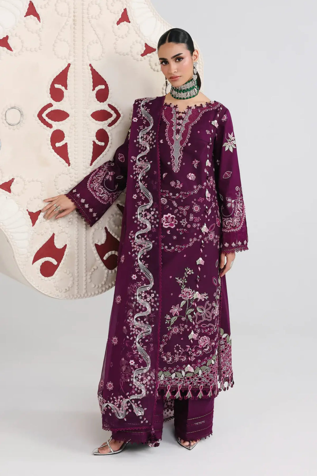 Tresa QFL-10 plum stitched party wear 3PC suit with chiffon dupatta by Qalamkar Festive Lawn 2026
