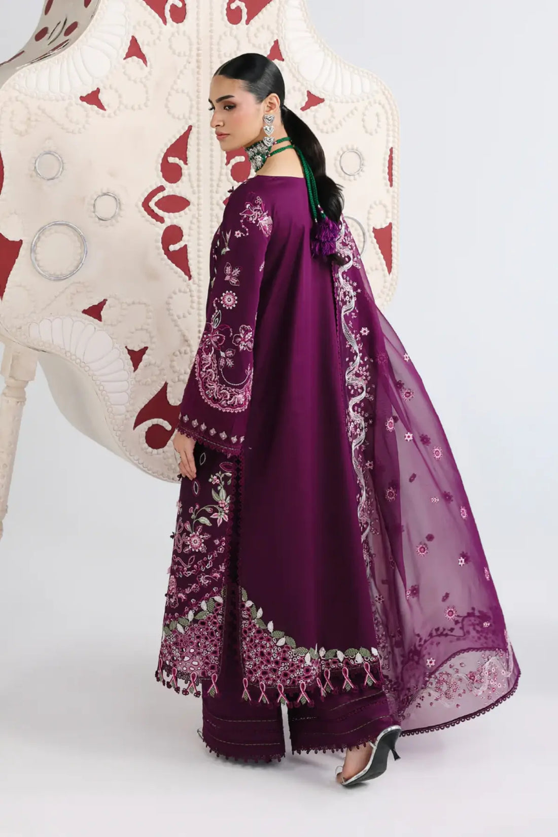 Tresa QFL-10 plum stitched party wear 3PC suit with chiffon dupatta by Qalamkar Festive Lawn 2026