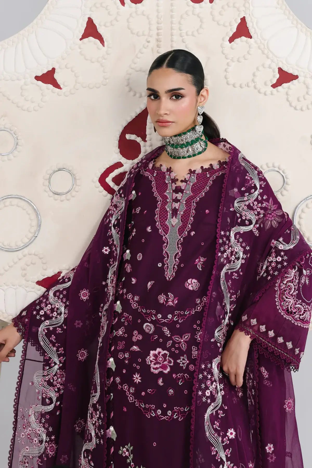 Tresa QFL-10 plum stitched party wear 3PC suit with chiffon dupatta by Qalamkar Festive Lawn 2026