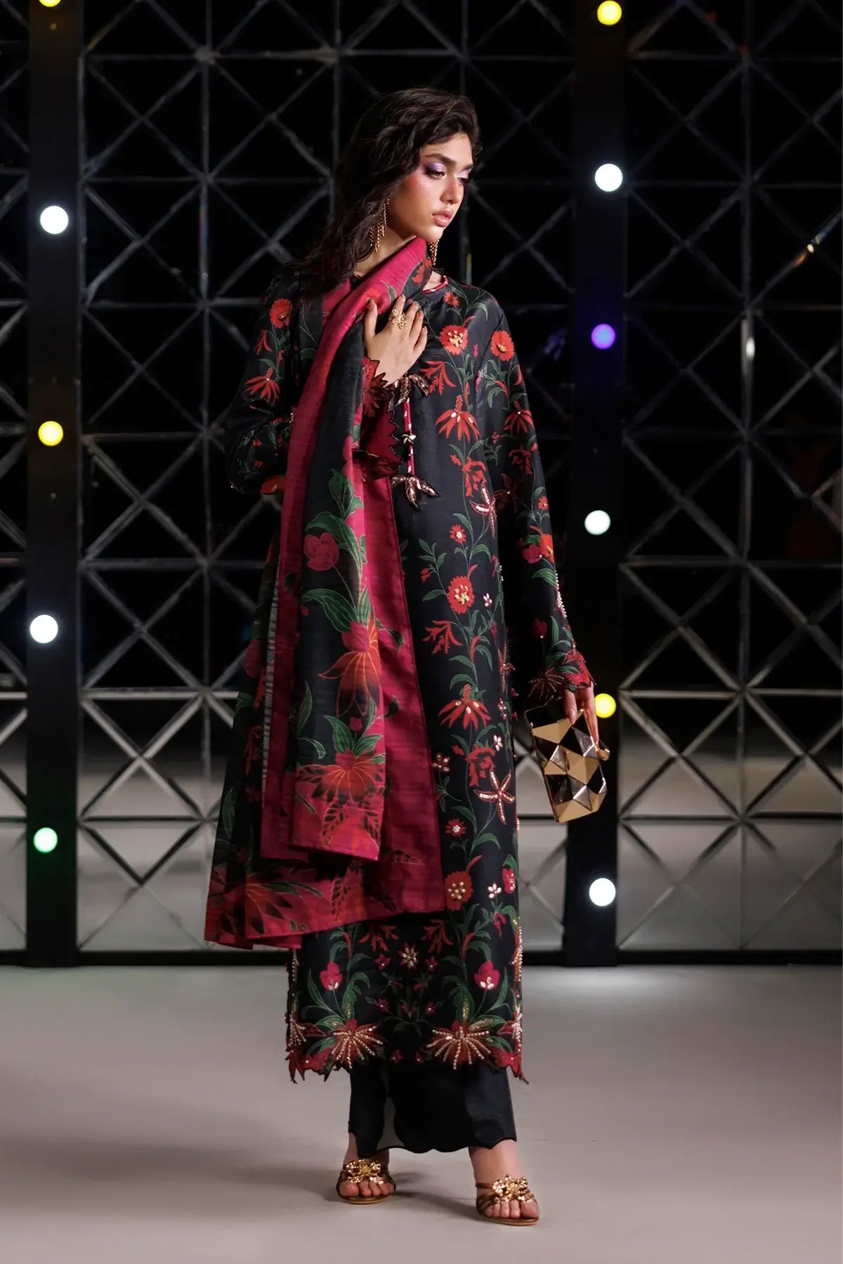 Tresor noir hand embellished raw silk stitched 3PC Pakistani suit with printed Tusser silk dupatta