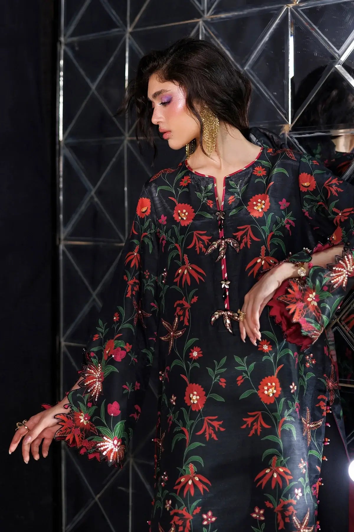 Tresor noir hand embellished raw silk stitched 3PC Pakistani suit with printed Tusser silk dupatta