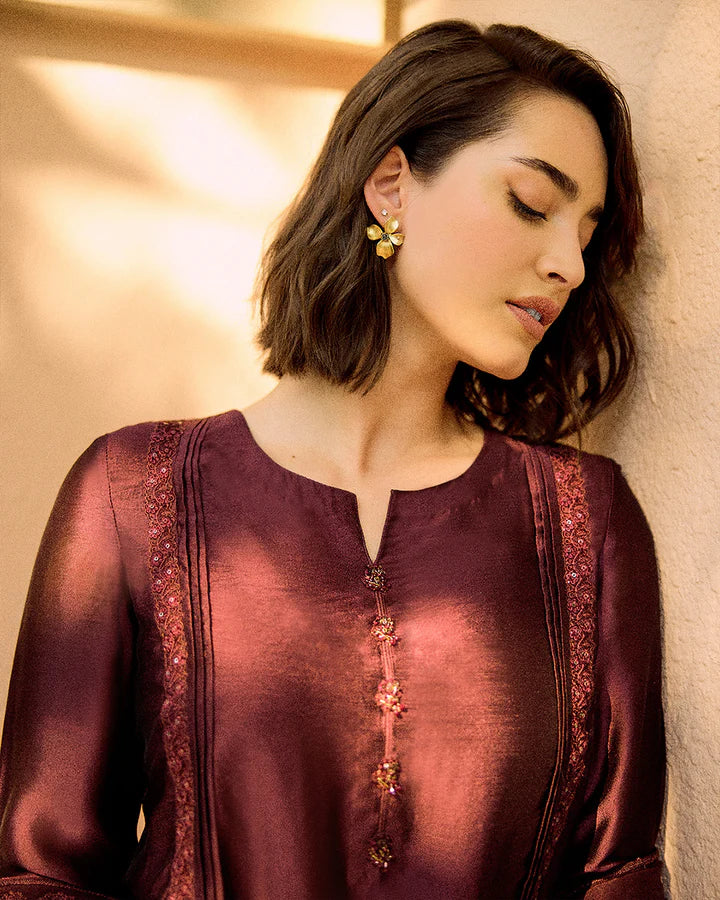 Triana- Festive Deep Maroon Silk Outfit By-Faiza Saqlain