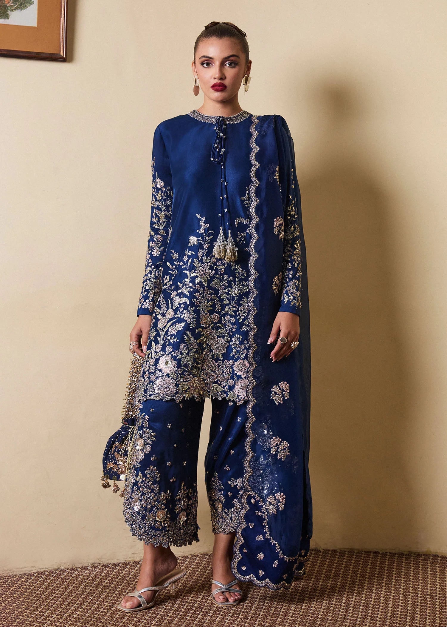 Twil- Pakistani Navy Blue Shirt and Side Slit Shalwar Set By- Hussain Rehar