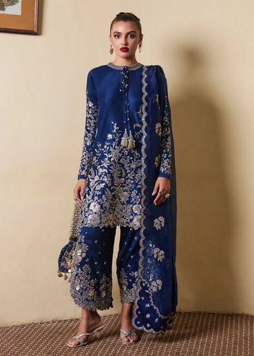Twil- Pakistani Navy Blue Shirt and Side Slit Shalwar Set By- Hussain Rehar
