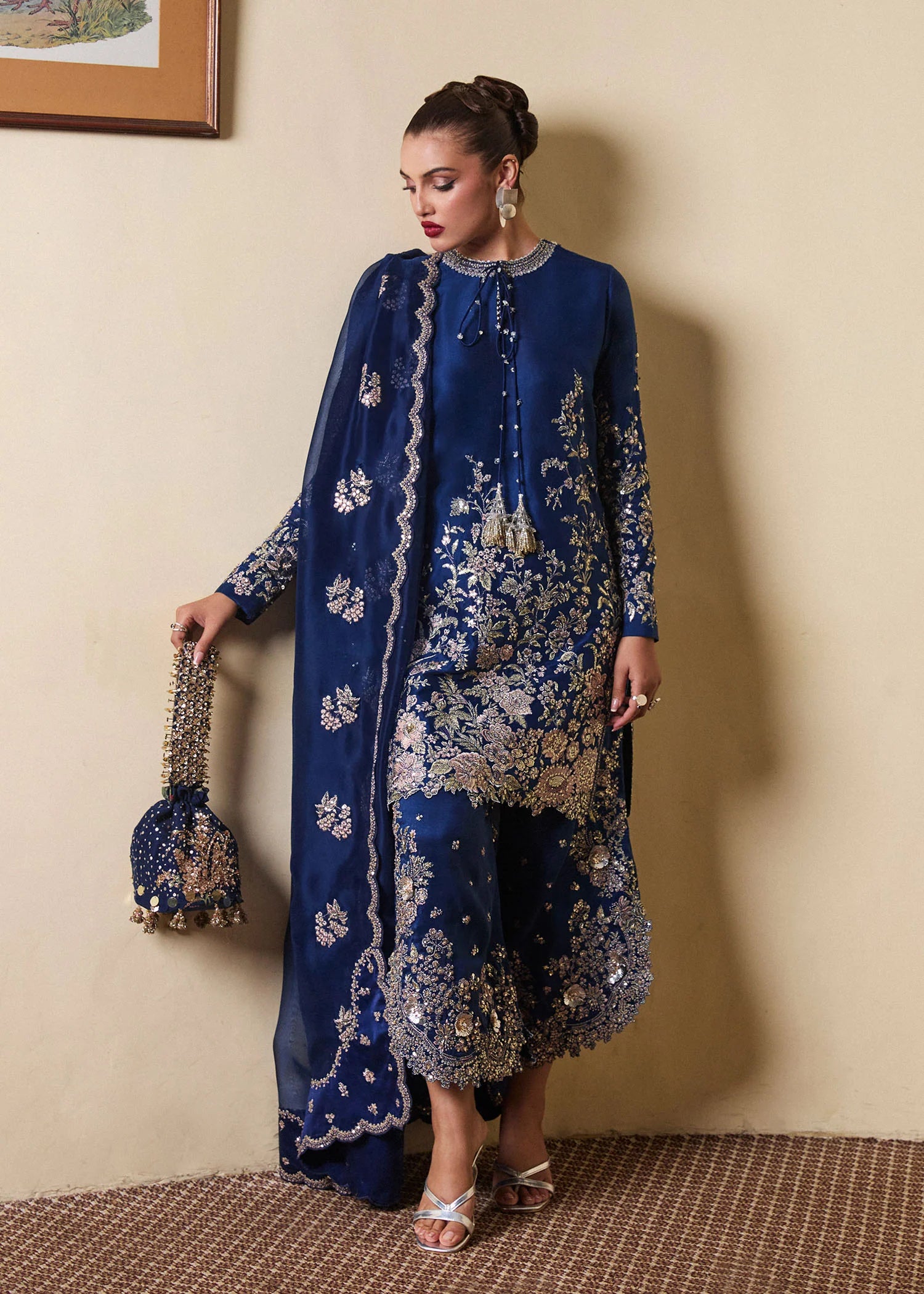 Twil- Pakistani Navy Blue Shirt and Side Slit Shalwar Set By- Hussain Rehar