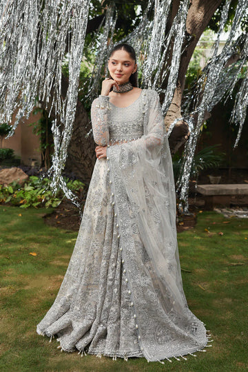 Twilune – Afrozeh Dastangoi 2025 White Sage Stitched Net Peshwas with Silver Embroidery and Tassel Dupatta – Pakistanimoda