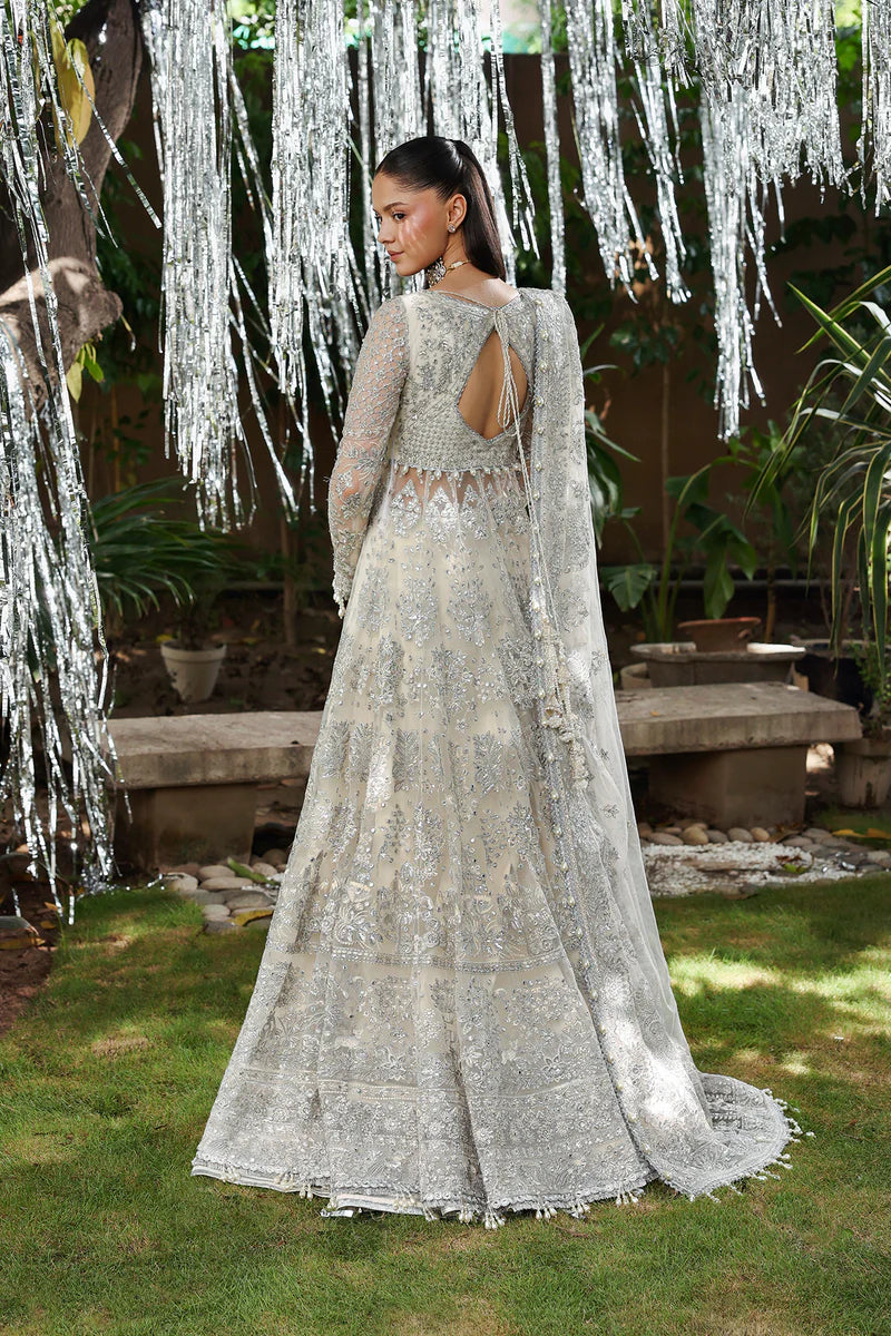Twilune – Afrozeh Dastangoi 2025 White Sage Stitched Net Peshwas with Silver Embroidery and Tassel Dupatta – Pakistanimoda