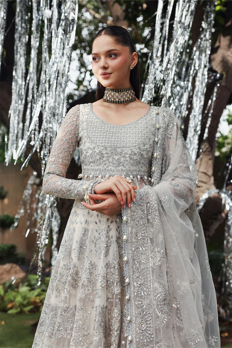Twilune – Afrozeh Dastangoi 2025 White Sage Stitched Net Peshwas with Silver Embroidery and Tassel Dupatta – Pakistanimoda