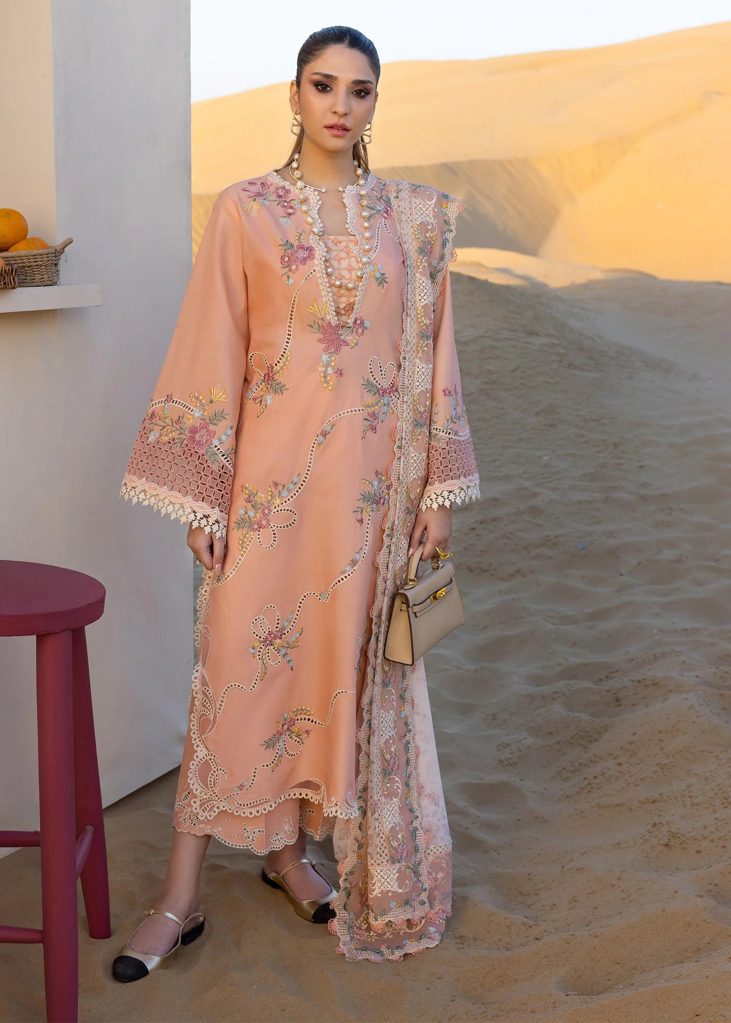 Twirls And Ties - D8 A- Peachy Pink Embroidered Lawn Outfit By- Crimson