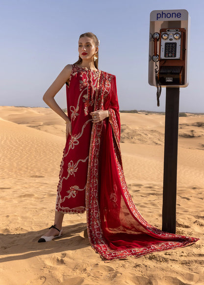 Twirls And Ties - D8 B- Cherry Red Embroidered Lawn Outfit By- Crimson