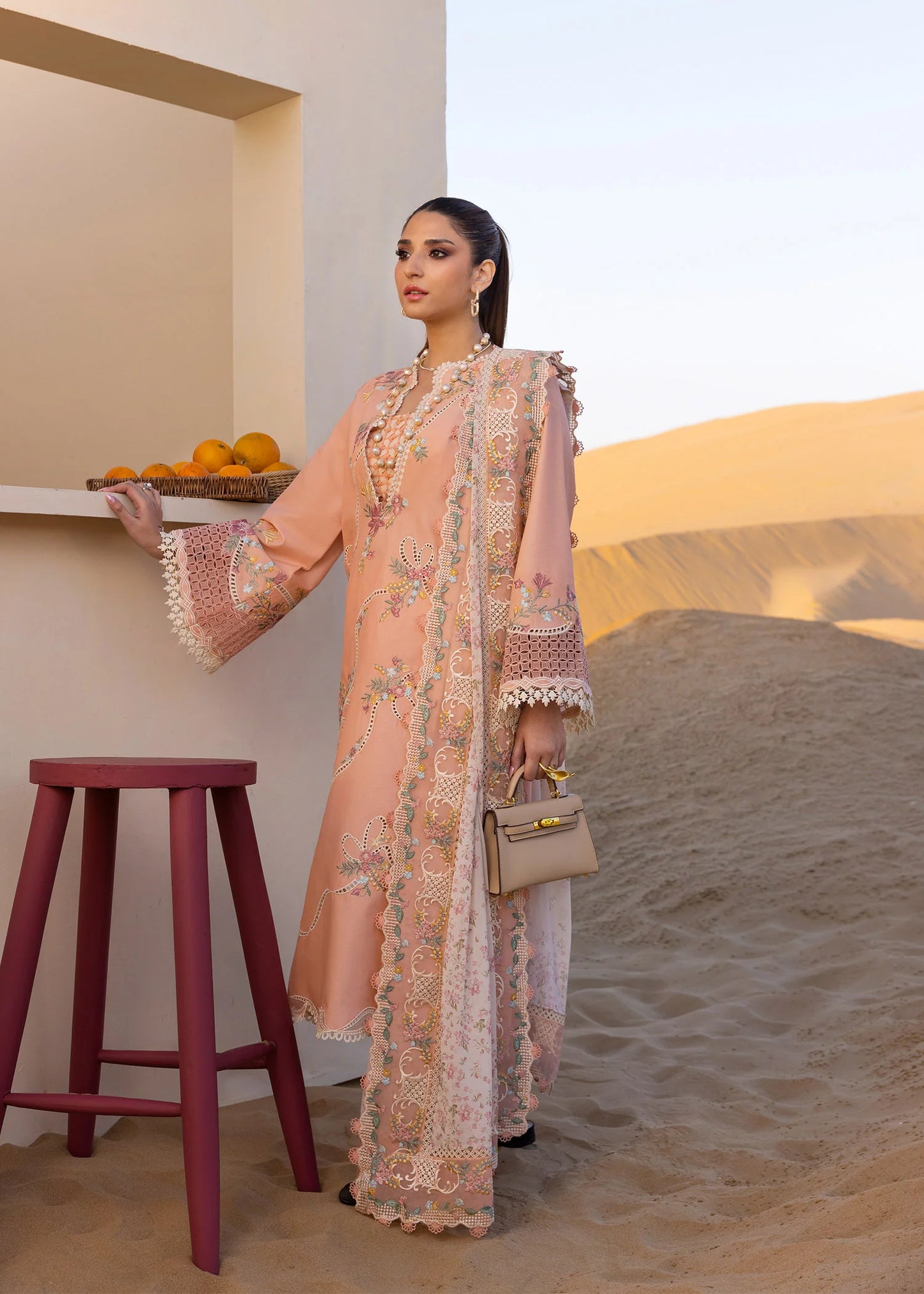 Twirls And Ties - D8 A- Peachy Pink Embroidered Lawn Outfit By- Crimson