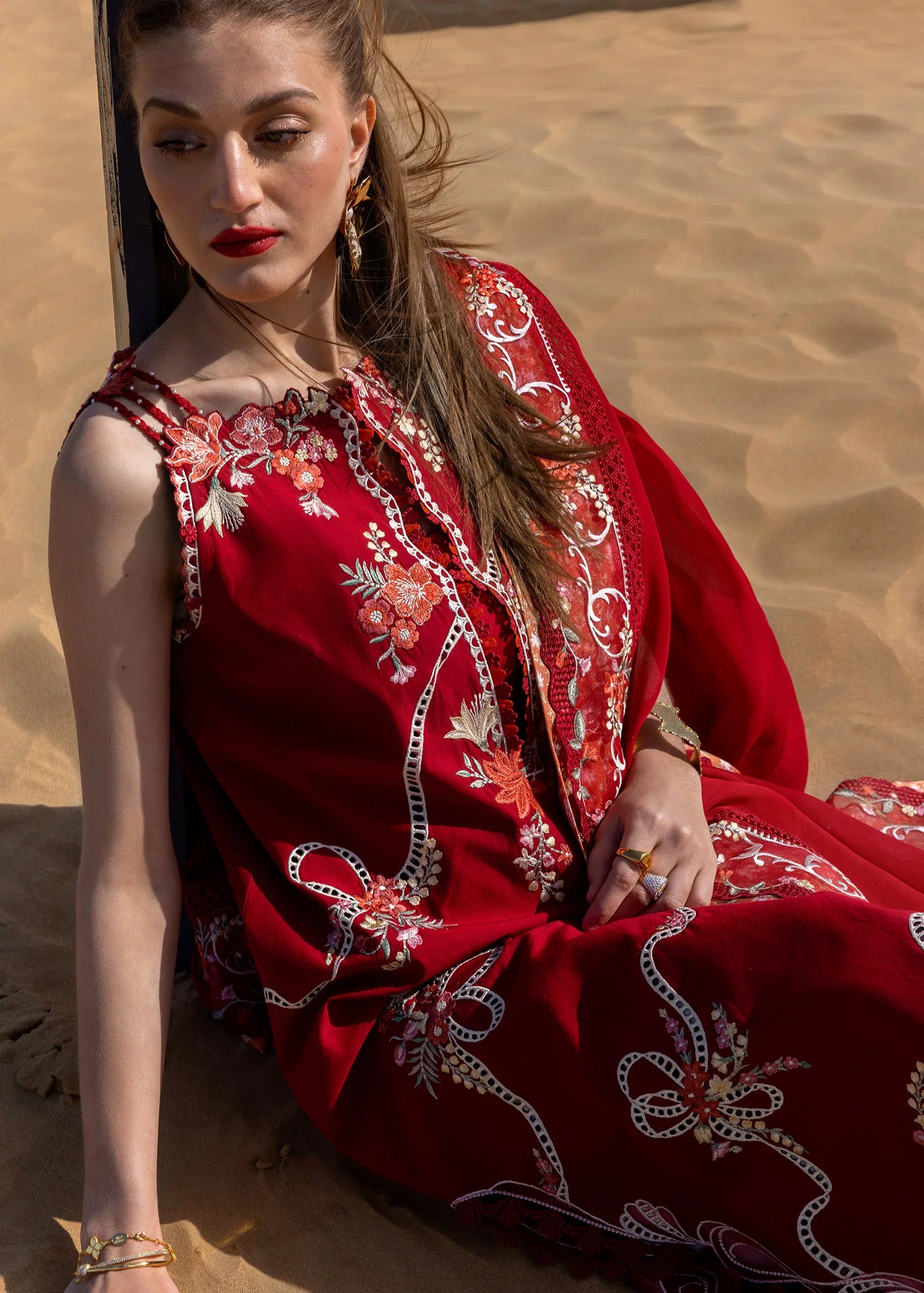 Twirls And Ties - D8 B- Cherry Red Embroidered Lawn Outfit By- Crimson