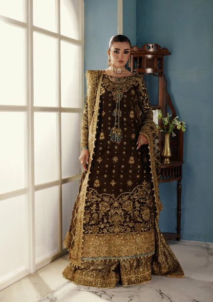 Aik Udaipur Look 01 brown velvet bridal dress for Walima and festive events – luxury embroidered outfit available at Pakistanimoda.com