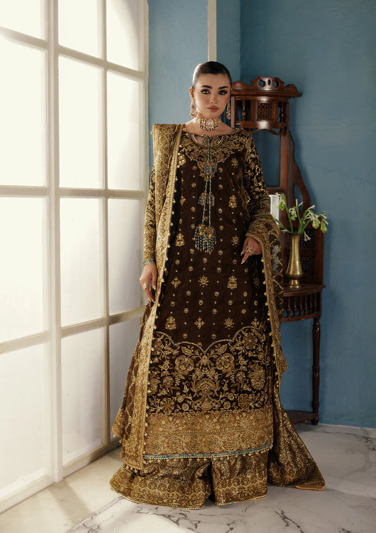 Aik Udaipur Look 01 brown velvet bridal dress for Walima and festive events – luxury embroidered outfit available at Pakistanimoda.com