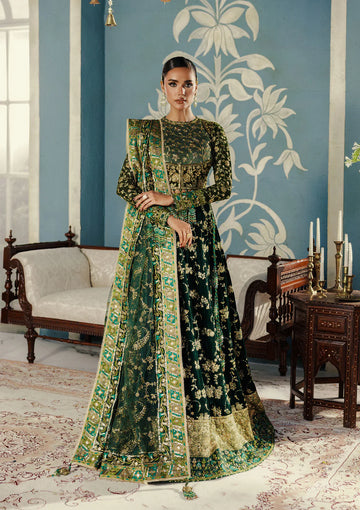 Aik Udaipur Look 02 green velvet lehenga for pre-wedding functions and festive events | Pakistanimoda.com