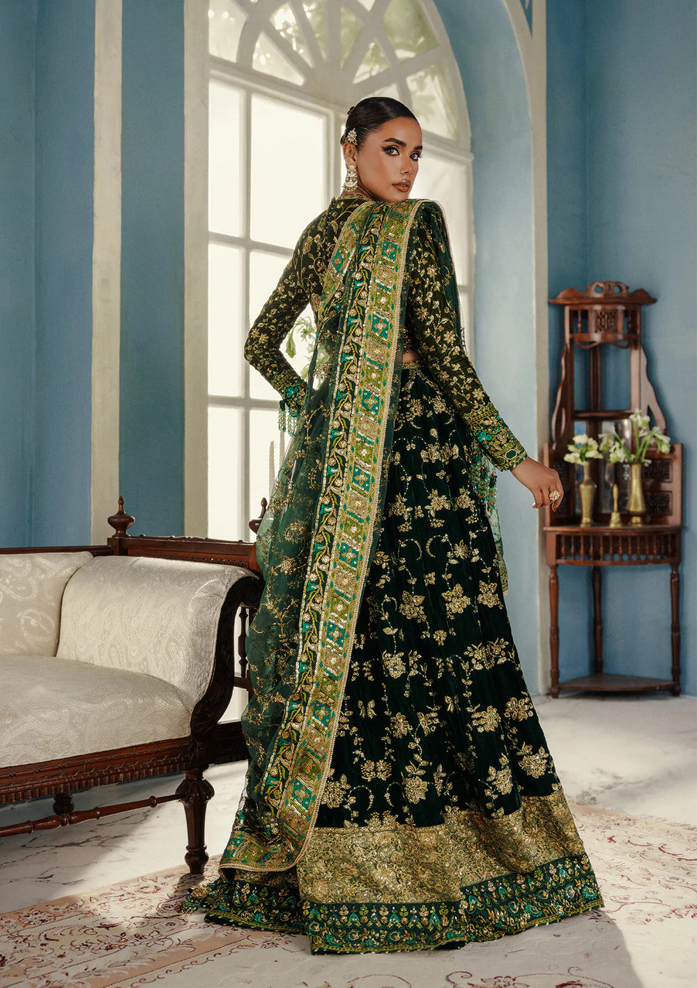 Aik Udaipur Look 02 green velvet lehenga for pre-wedding functions and festive events | Pakistanimoda.com