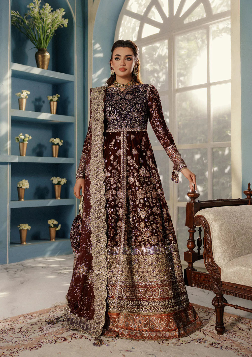 Aik Udaipur Look 03 maroon velvet bridal anarkali suit for Canada brides – luxury festive wear available at Pakistanimoda.com