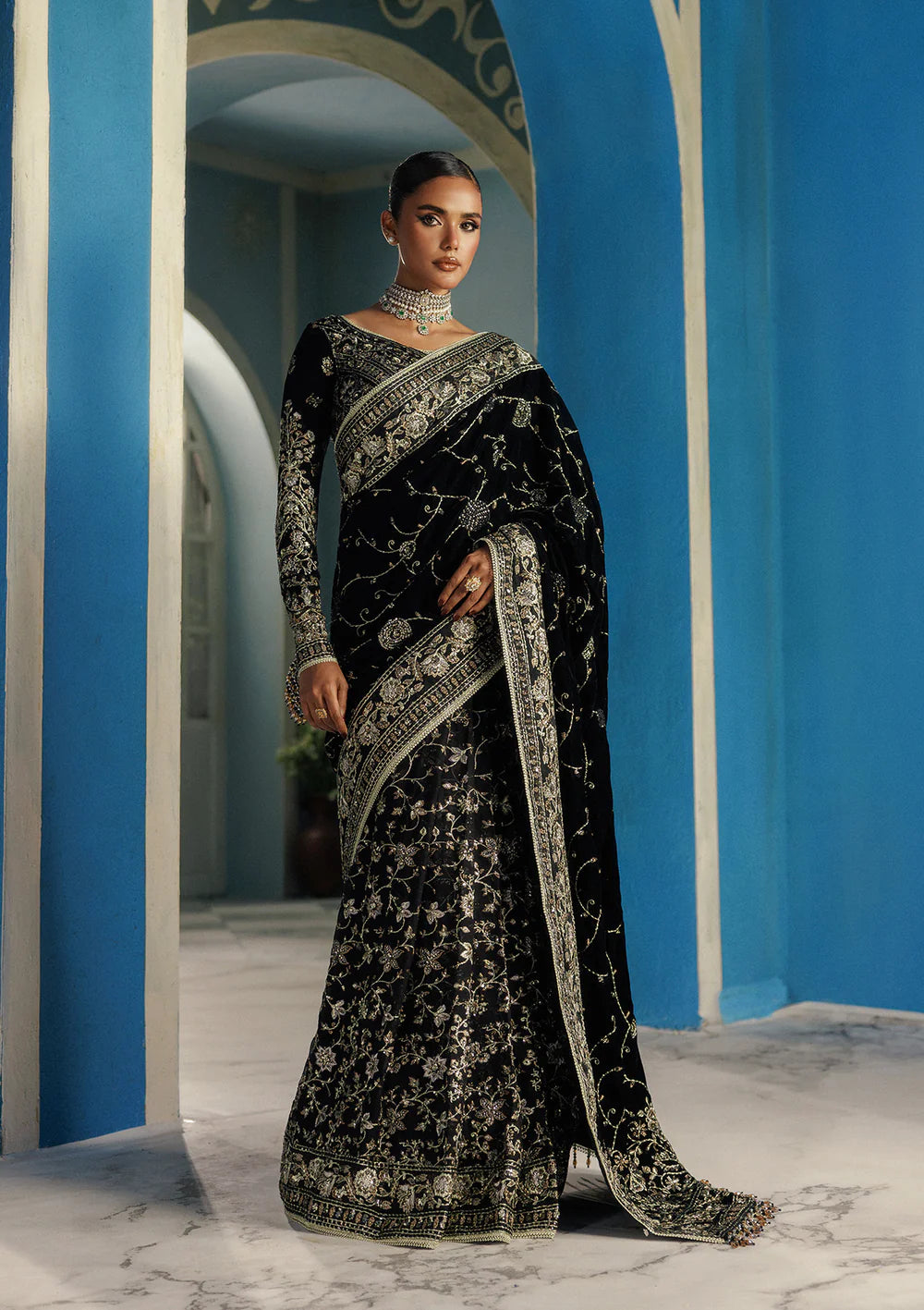 Aik Udaipur Look 04 black velvet embroidered saree for destination events and festive celebrations – available now at Pakistanimoda.com