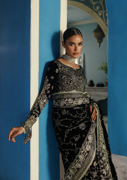 Aik Udaipur Look 04 black velvet embroidered saree for destination events and festive celebrations – available now at Pakistanimoda.com