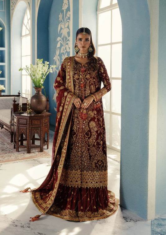 Aik Udaipur Look 05 maroon velvet embroidered engagement dress – luxury bridal and festive wear from Pakistanimoda.com