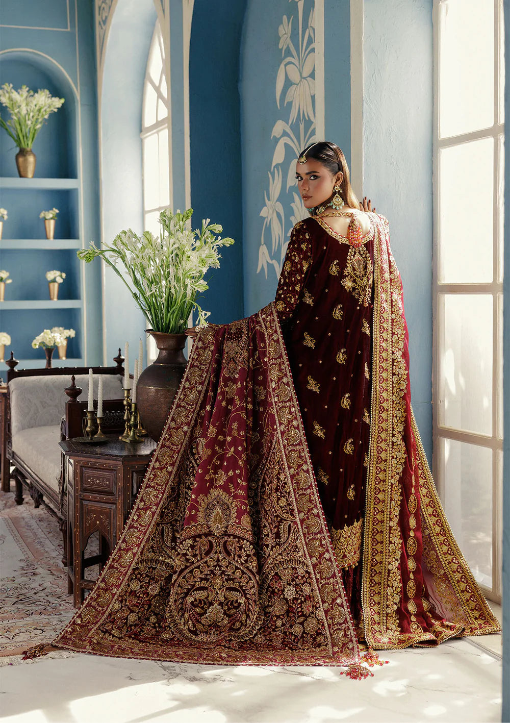 Aik Udaipur Look 05 maroon velvet embroidered engagement dress – luxury bridal and festive wear from Pakistanimoda.com