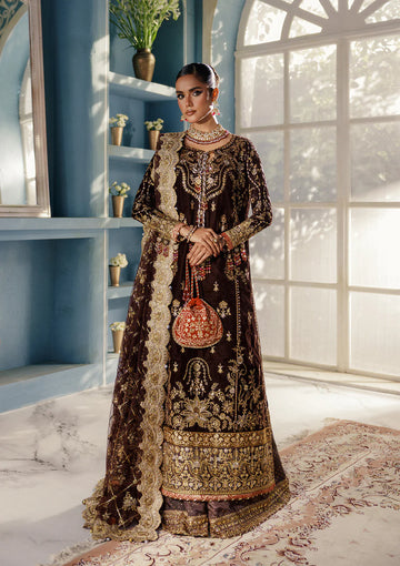 Aik Udaipur Look 06 brown velvet embroidered dress for engagement events and festive celebrations – available at Pakistanimoda.com