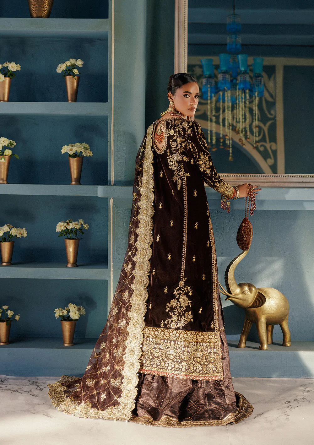 Aik Udaipur Look 06 brown velvet embroidered dress for engagement events and festive celebrations – available at Pakistanimoda.com