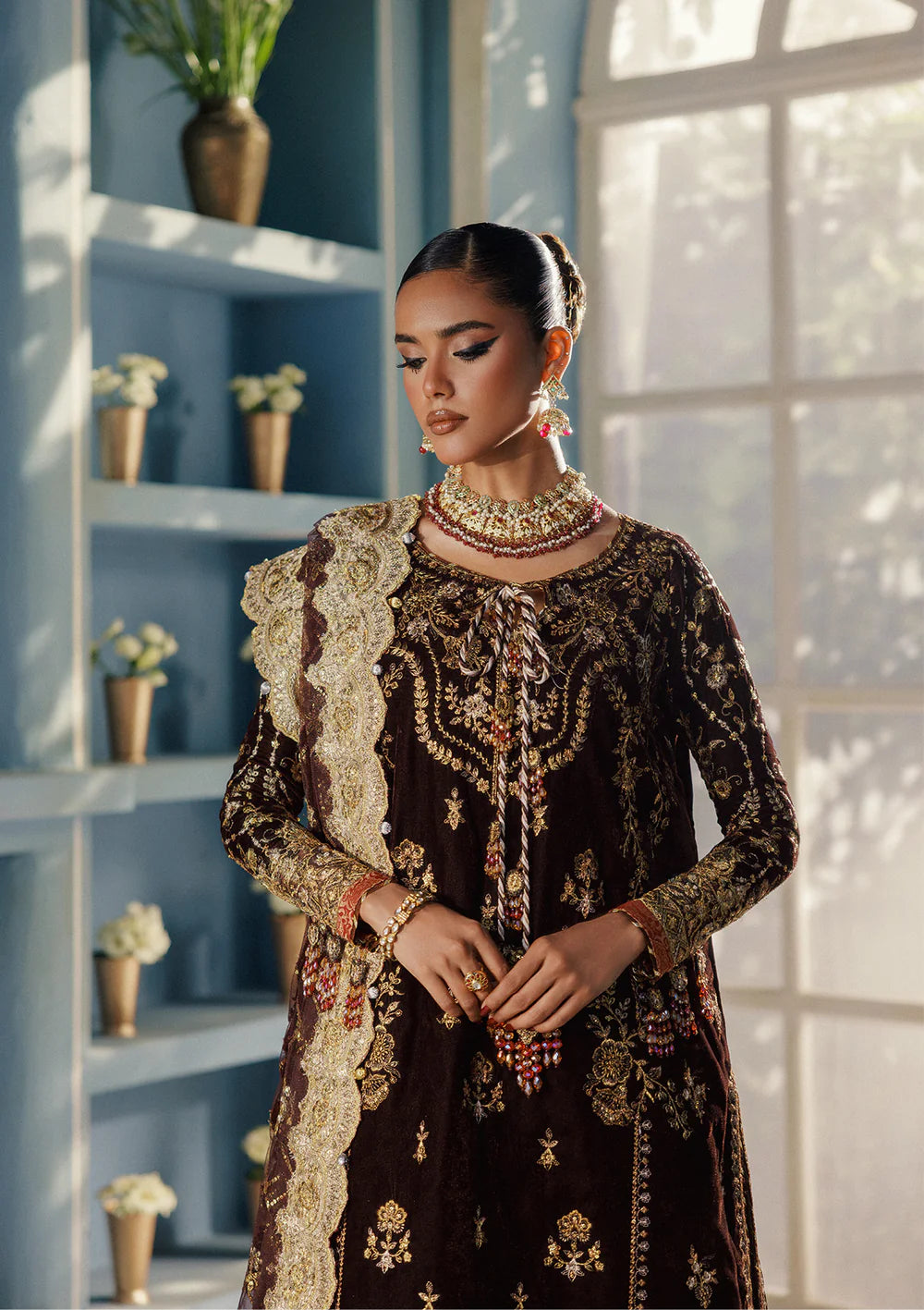 Aik Udaipur Look 06 brown velvet embroidered dress for engagement events and festive celebrations – available at Pakistanimoda.com