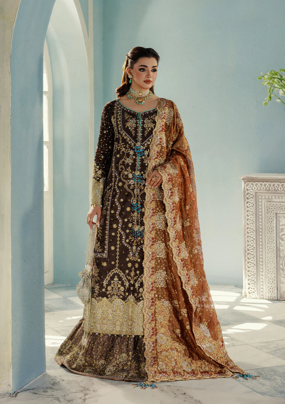 Aik Udaipur Look 07 brown velvet embroidered designer dress – luxury festive and bridal wear available at Pakistanimoda.com