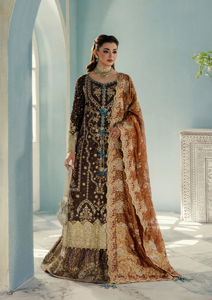 Aik Udaipur Look 07 brown velvet embroidered designer dress – luxury festive and bridal wear available at Pakistanimoda.com