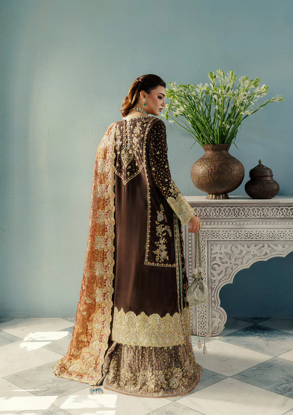 Aik Udaipur Look 07 brown velvet embroidered designer dress – luxury festive and bridal wear available at Pakistanimoda.com