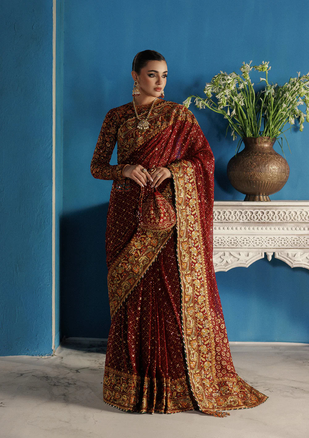 Aik Udaipur Look 09 maroon velvet embroidered saree with golden border – luxury winter party wear available at Pakistanimoda.com