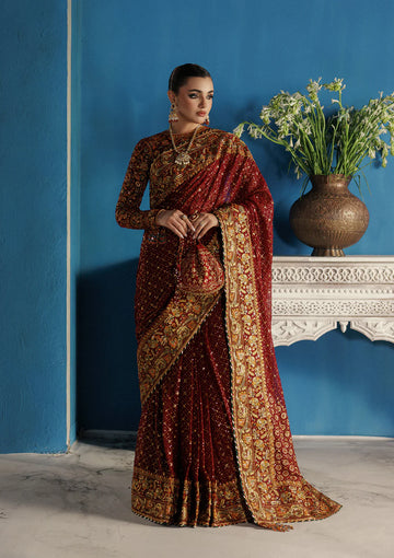 Aik Udaipur Look 09 maroon velvet embroidered saree with golden border – luxury winter party wear available at Pakistanimoda.com