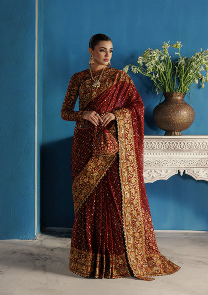 Aik Udaipur Look 09 maroon velvet embroidered saree with golden border – luxury winter party wear available at Pakistanimoda.com