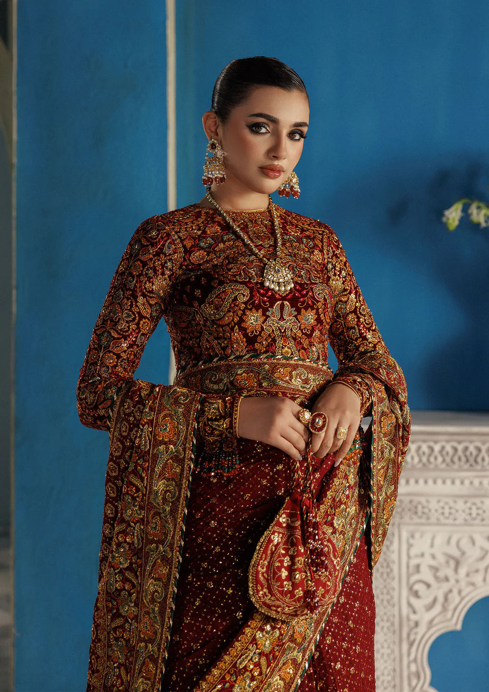 Aik Udaipur Look 09 maroon velvet embroidered saree with golden border – luxury winter party wear available at Pakistanimoda.com