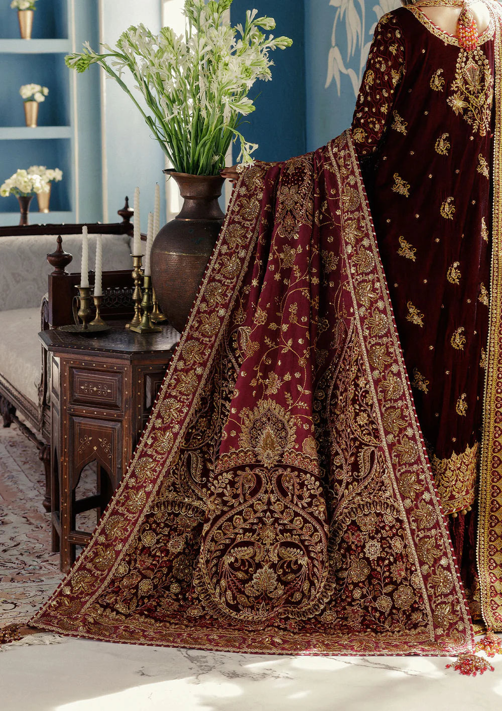 Aik Udaipur maroon velvet embroidered shawl for bridal wear and festive events – luxury winter accessory from Pakistanimoda.com