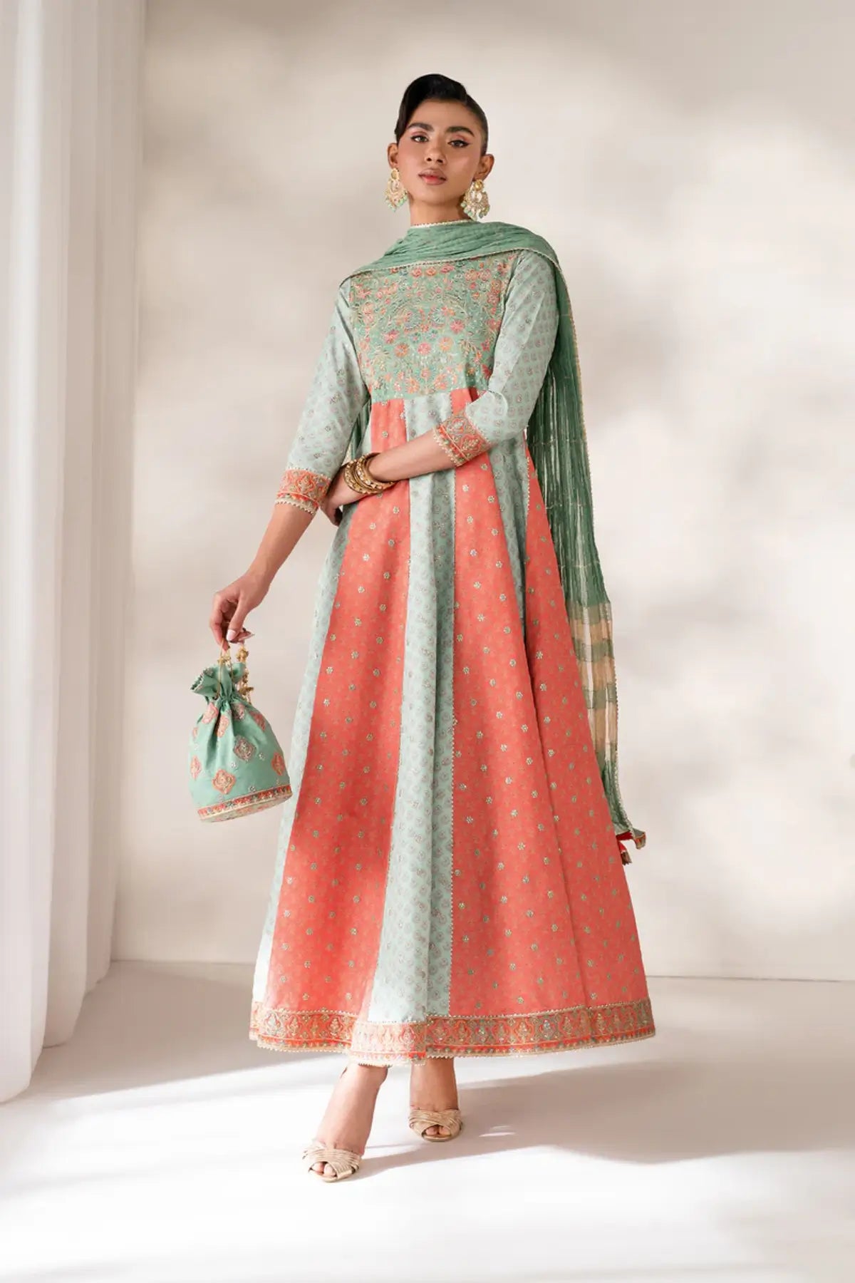 UF-4141 Baroque mint embroidered silk stitched Pishwas 3PC with zarri cotton net dupatta and dyed silk trouser Pakistanimoda