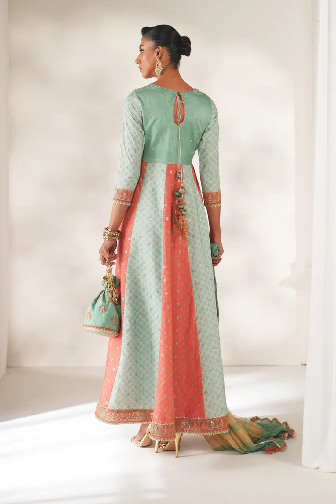 UF-4141 Baroque mint embroidered silk stitched Pishwas 3PC with zarri cotton net dupatta and dyed silk trouser Pakistanimoda