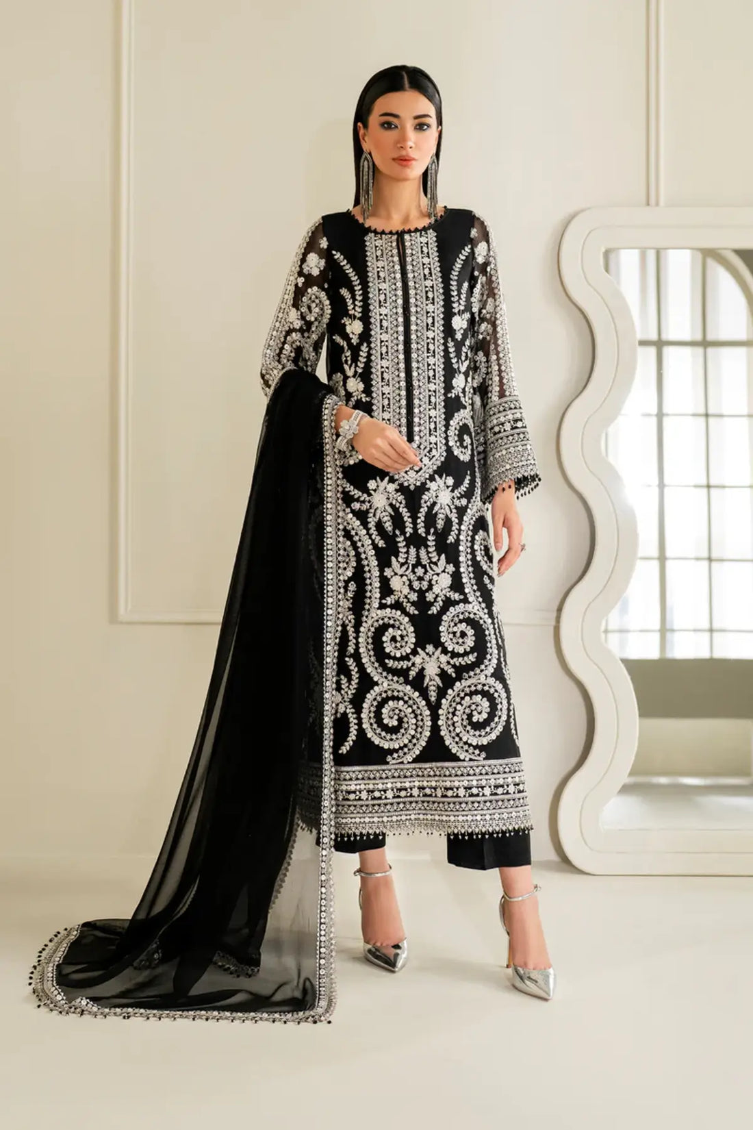UF-4158 Baroque black embroidered chiffon stitched formal 3PC with chiffon dupatta and silk trouser Pakistanimoda