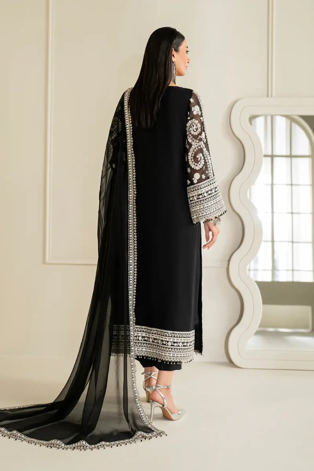 UF-4158 Baroque black embroidered chiffon stitched formal 3PC with chiffon dupatta and silk trouser Pakistanimoda