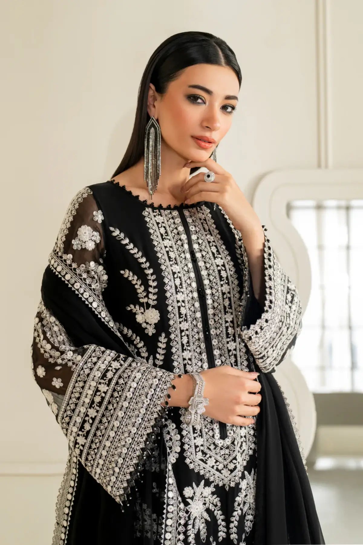 UF-4158 Baroque black embroidered chiffon stitched formal 3PC with chiffon dupatta and silk trouser Pakistanimoda