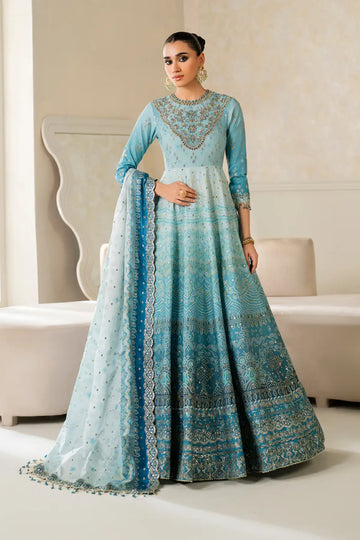 UF-4162 Baroque blue embroidered silk Pishwas stitched set with printed silk dupatta and dyed silk trouser Pakistanimoda